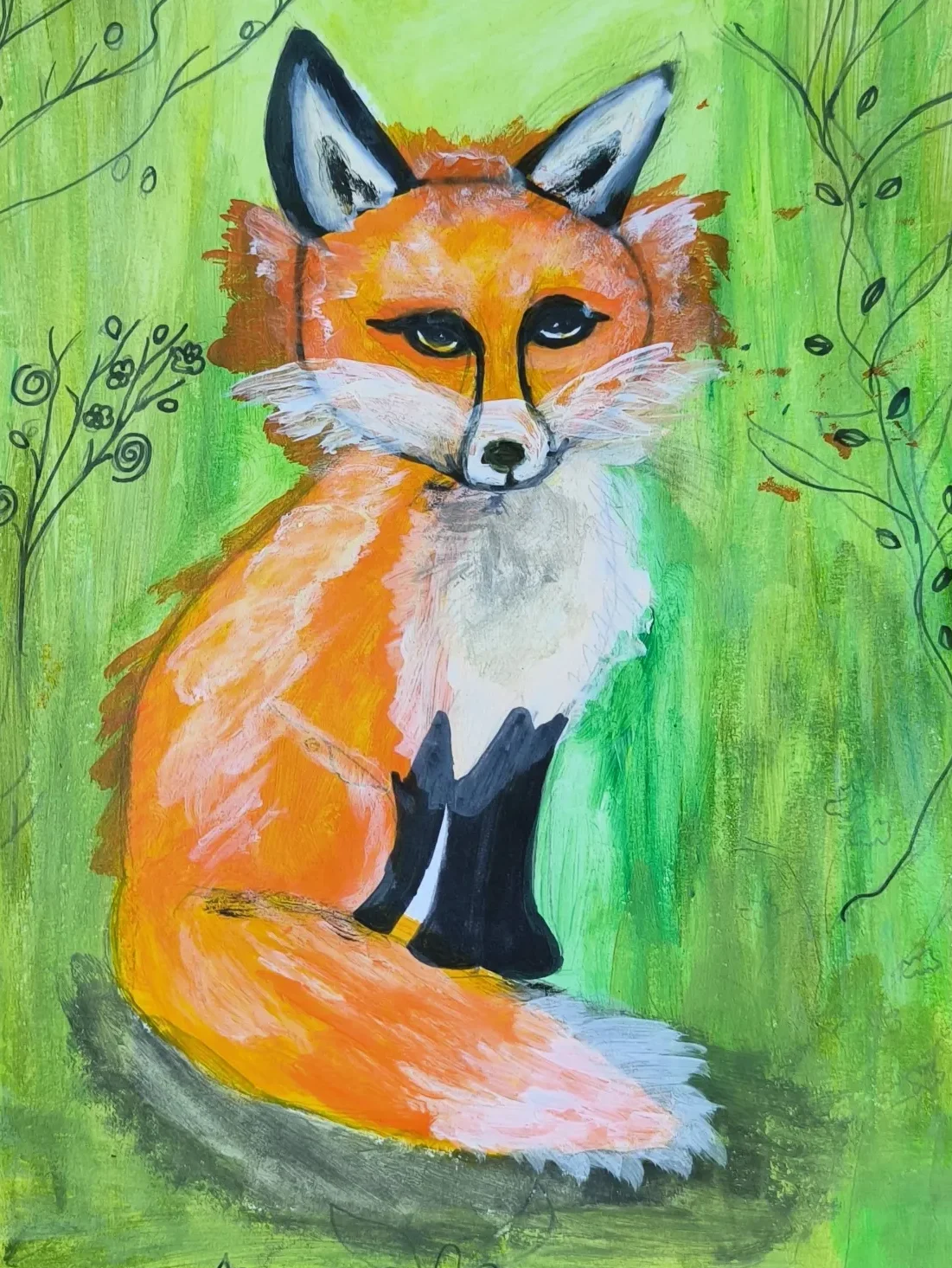 Der Fuchs – Tiere & Vögel Ausdrucksstarker Fuchs vor dekorativem Hintergrund, Acrylbild von Laura Summer
