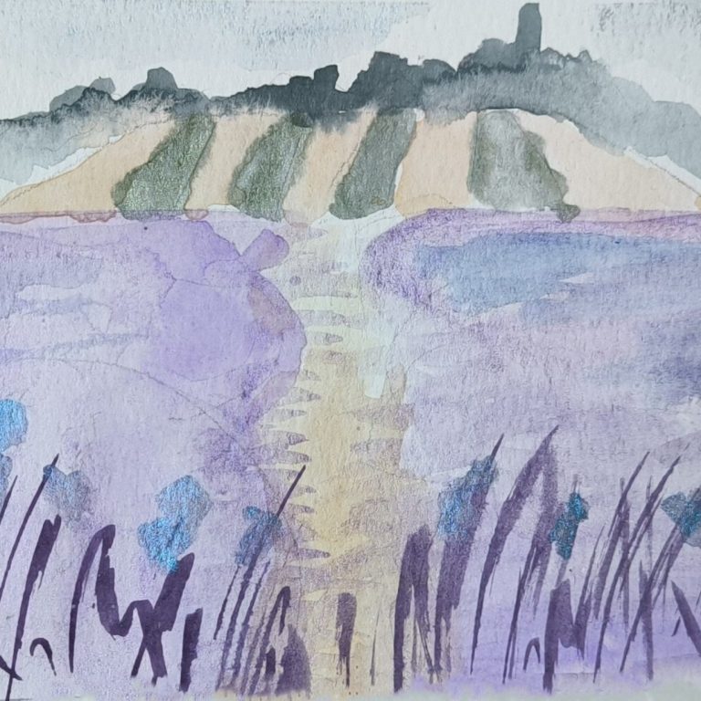 Lila Dämmerung – Landschaften Eine lila Landschaft in der Dämmerung mit Wasser, Spiegelungen und perlmuttartigen Farbakzenten.