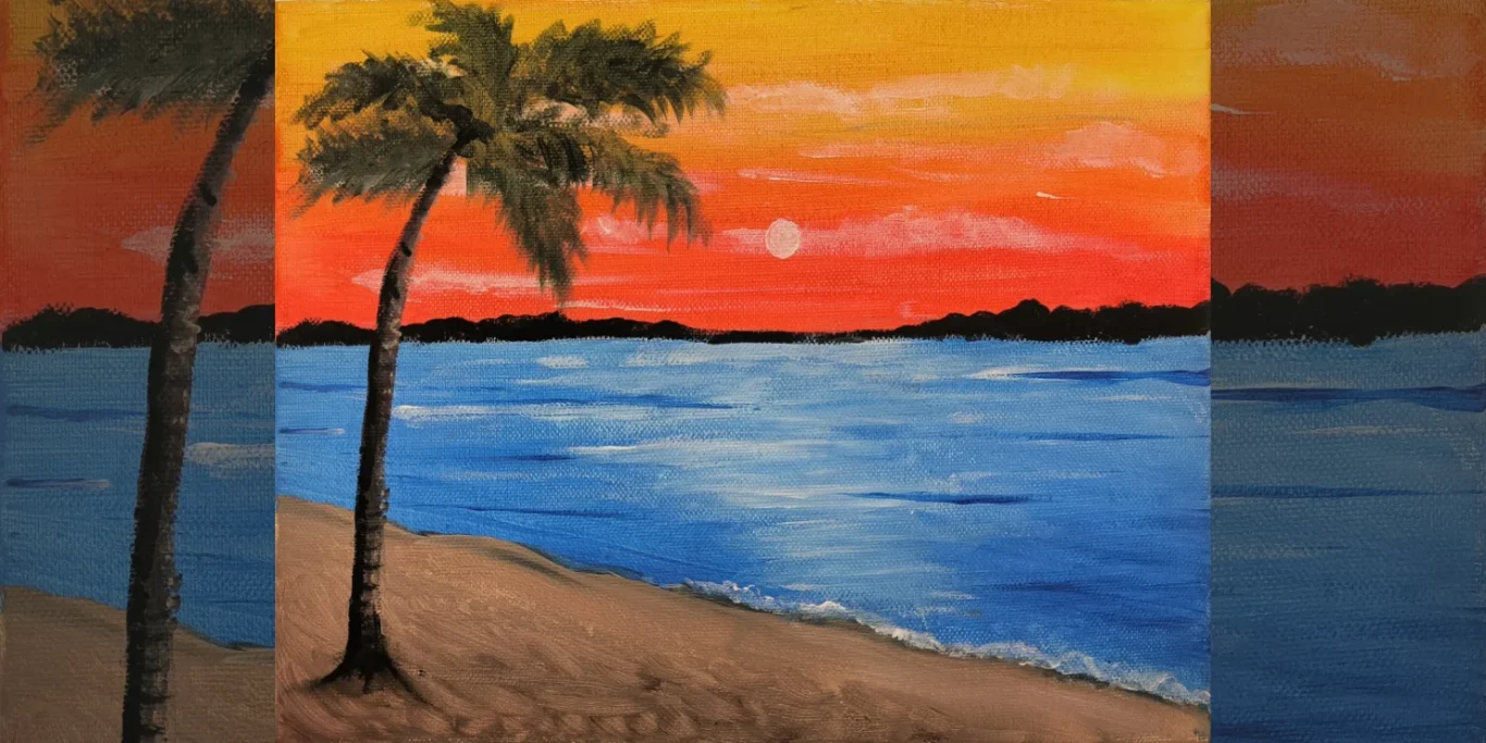 Sommerabend am Meer, 2026. Acryl auf Leinwand, 25x35 cm Eine sommerliche Meereslandschaft mit warmem Abendlicht und leuchtenden Farben.