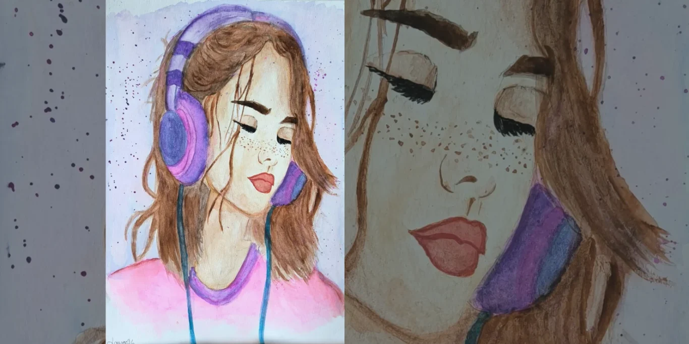 Musikversunken, 2026. Aquarell auf Papier, 30x20 cm. Ein Mädchen mit geschlossenen Augen und Kopfhörern in einer weichen, ruhigen Farbpalette.