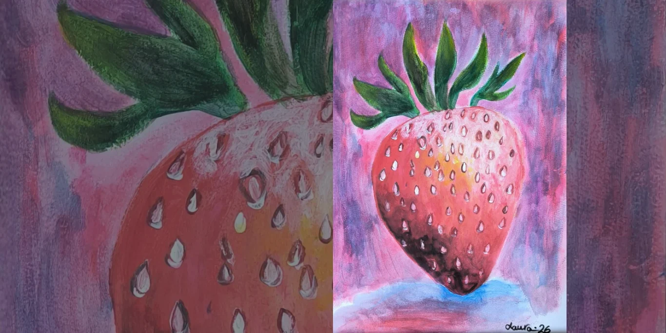 Erdbeere, 2026. Acryl auf Papier, 30x20 cm. Eine leuchtend rote Erdbeere vor einem kontrastreichen Hintergrund in einem farbenfrohen Bild von Laura Summer.